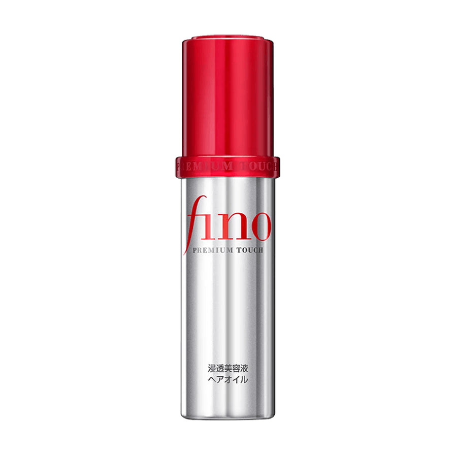 Fino Premium Touch 护发精油产品正面图，银色瓶身搭配红色瓶盖，背景纯白。