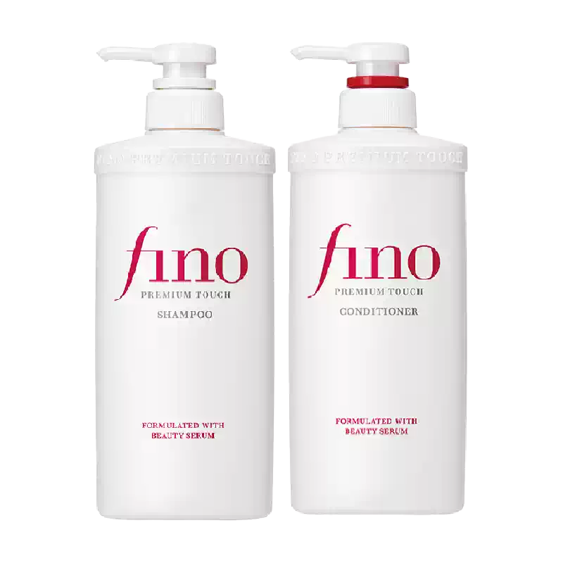 FINO Premium Touch 洗护套装双瓶并列展示，左侧为洗发水，右侧为护发素，黑色背景，对应 1 套装变体。