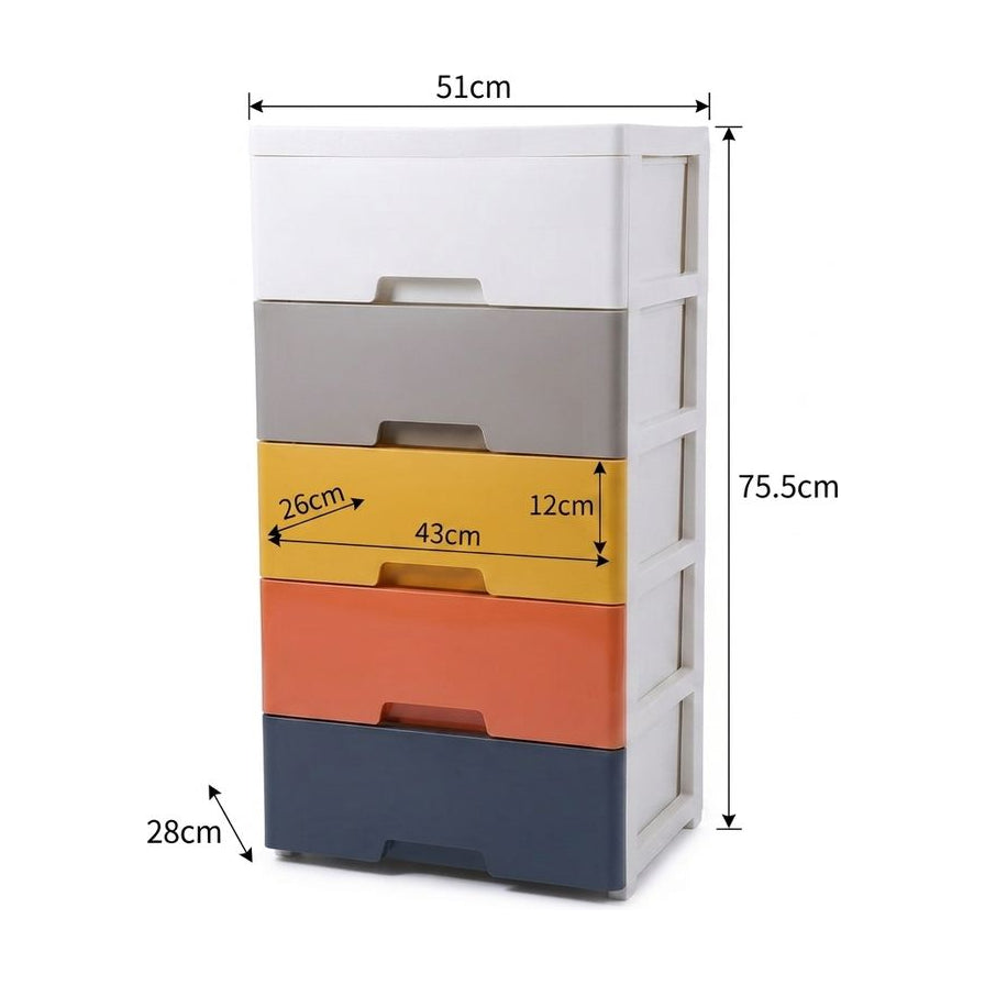 收纳柜尺寸示意图，标注了整体宽 51cm、高 75.5cm、深 28cm 以及单抽屉内部尺寸数据。
