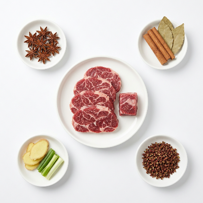 俯拍展示五香牛腱原料，包含牛肉、八角、桂皮、花椒、姜葱等香料在白底上。