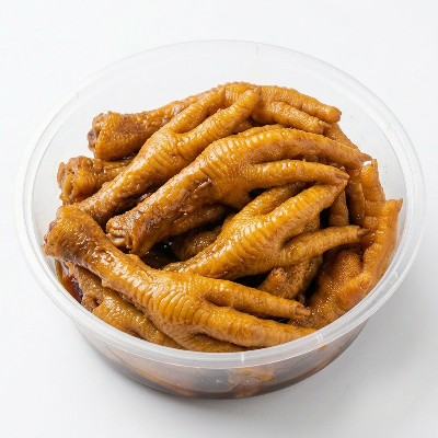 白底盒装五香凤爪特写，色泽红亮诱人，展示软糯脱骨的熟食状态。