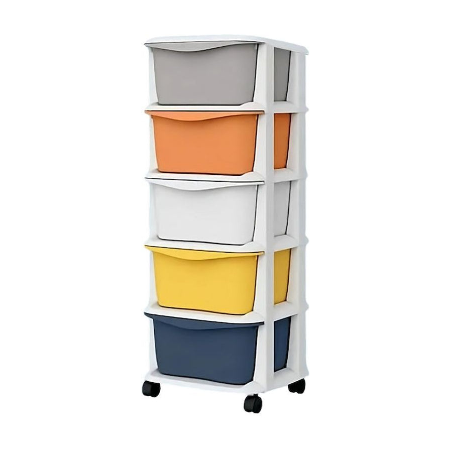 五层抽屉式收纳架正面图，白色框架搭配灰、橙、白、黄、蓝五色抽屉，底部带有黑色万向轮。