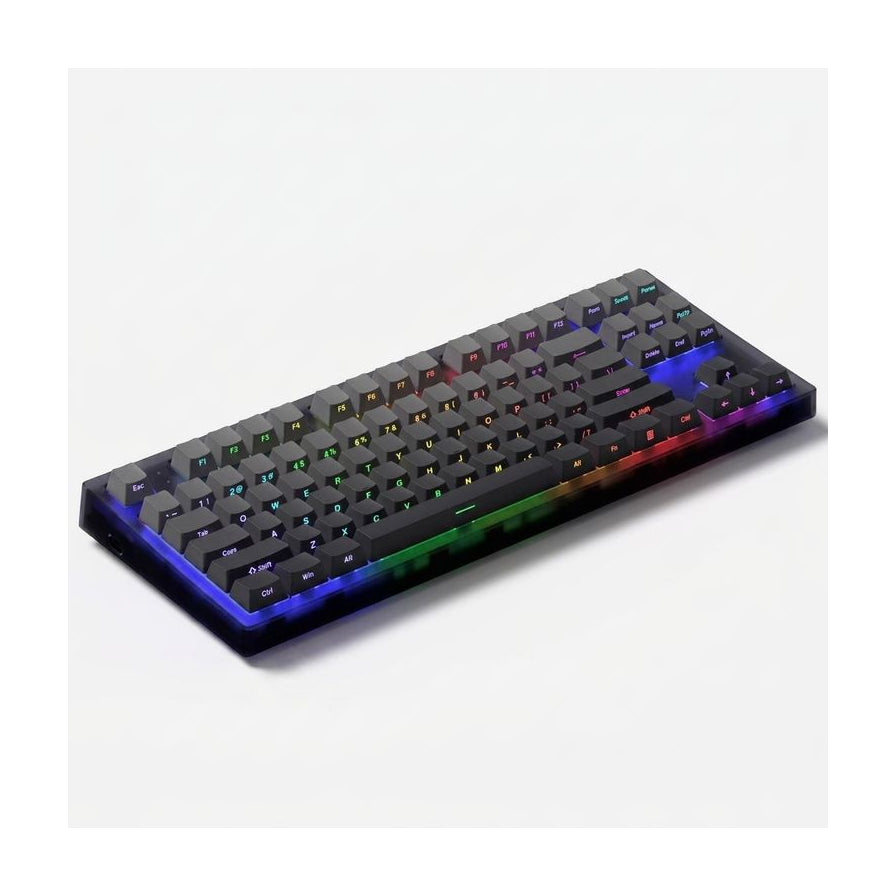 腹灵 FL·ESPORTS MK870 Pro 机械键盘，黑曜石墨影侧刻键帽，开启全彩 RGB 灯效，展示 87 键位布局与半透明黑色外壳。