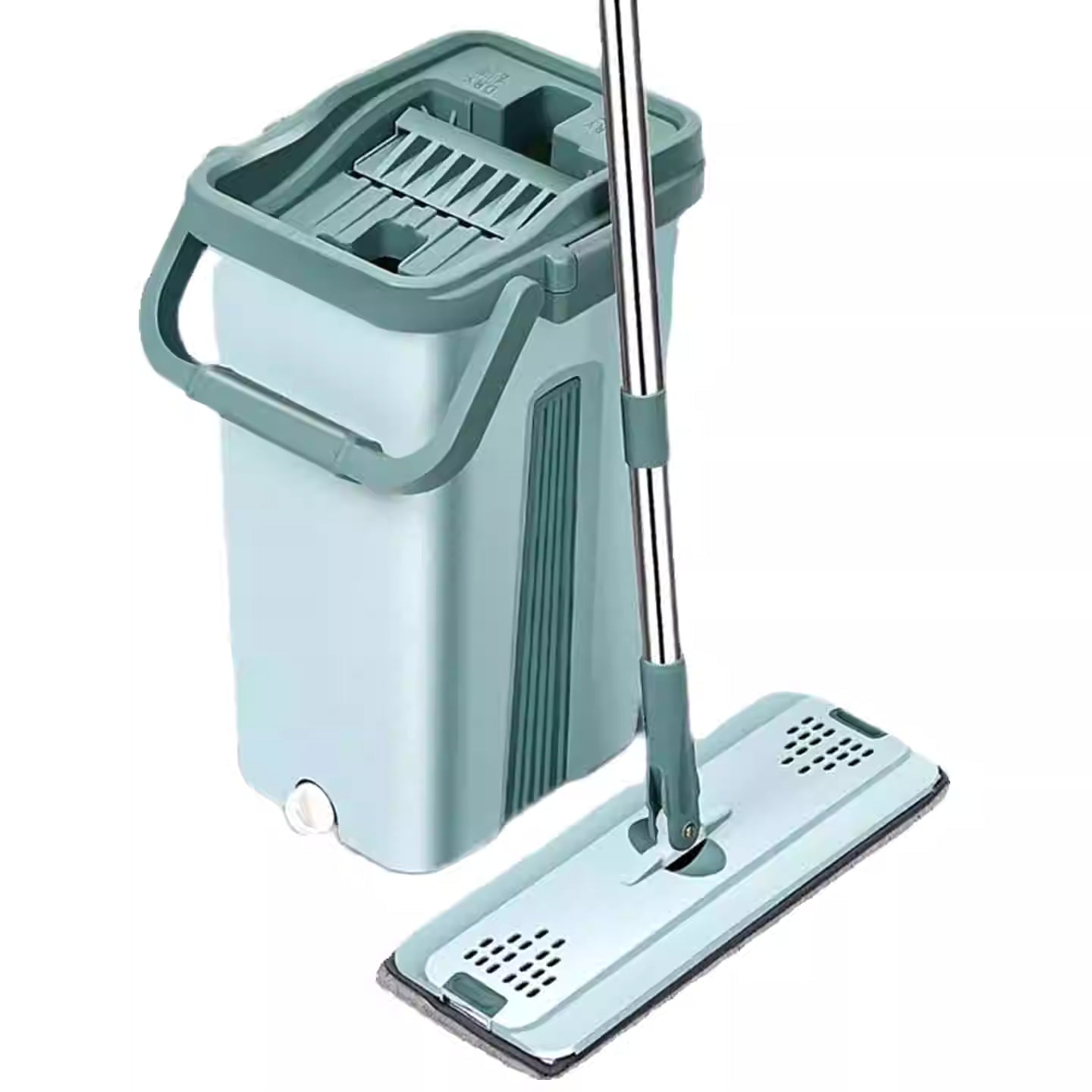 免手洗平板拖把套装正面图，包含双槽刮刷桶和立式收纳的拖把杆