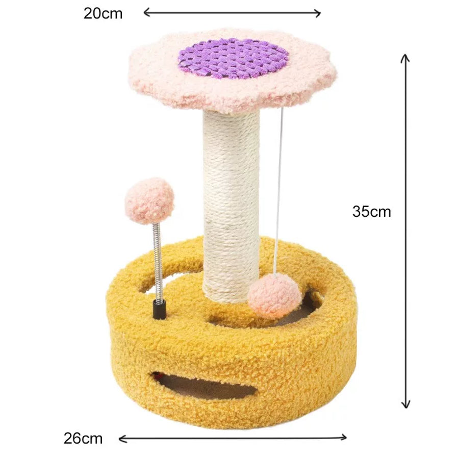 白底产品图展示花朵猫抓柱的尺寸标注，顶部直径20cm，总高35cm，底座直径26cm。