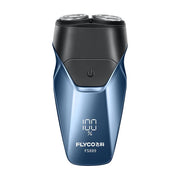 飞科 FS889 电动剃须刀正面特写，蓝黑渐变机身，双浮动刀头及 LED 电量显示屏。