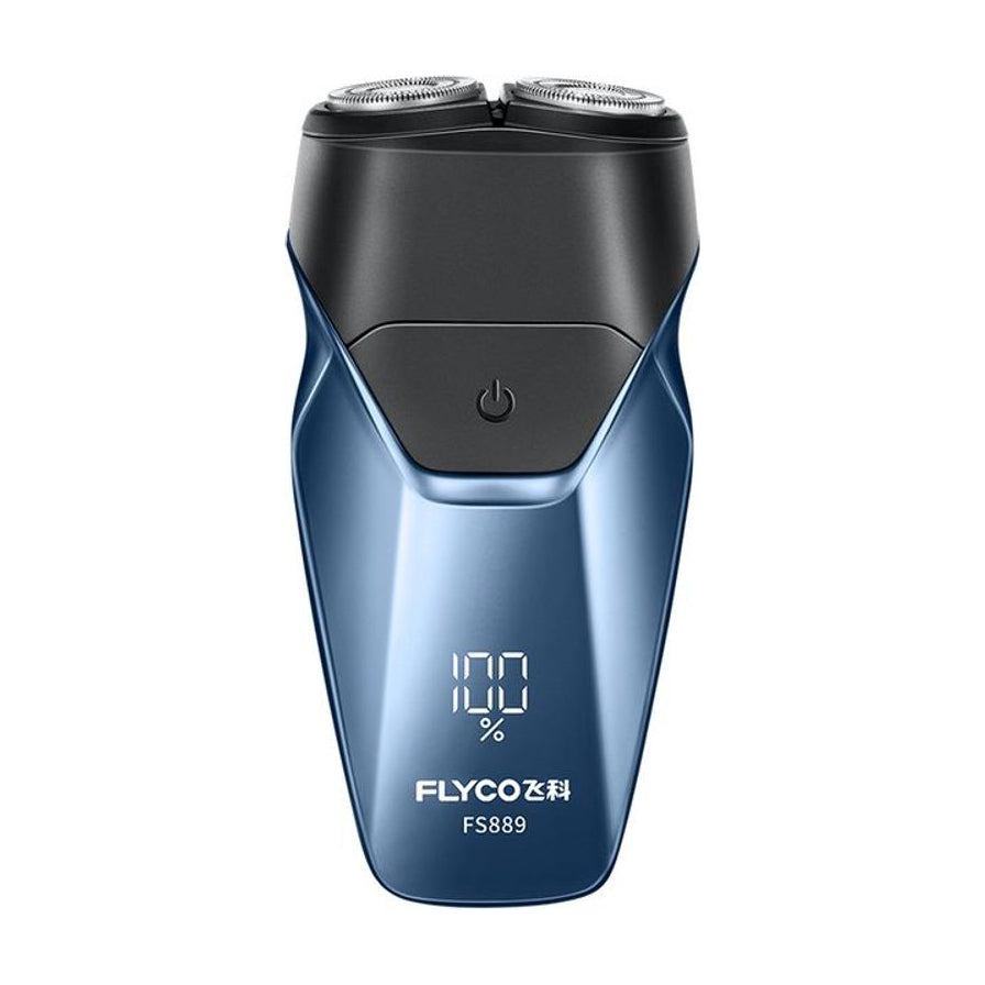 飞科 FS889 电动剃须刀正面特写，蓝黑渐变机身，双浮动刀头及 LED 电量显示屏。