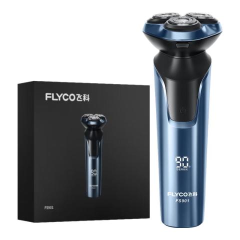 飞科 FS901 电动剃须刀与黑色包装盒的展示图，包含产品实物及品牌标识。