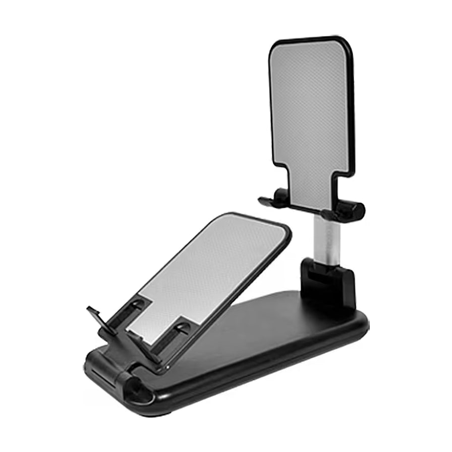 黑色可折叠桌面支架，展示其双层支撑结构，可同时放置手机和平板电脑，白色背景。