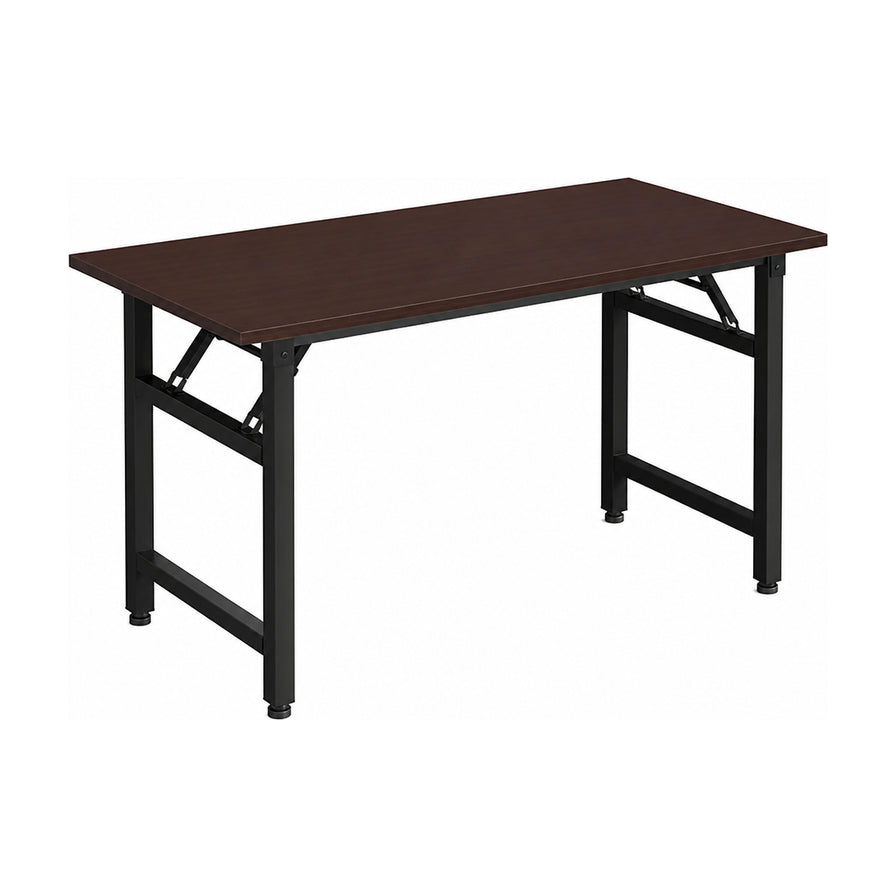 白底展示一张可折叠办公桌，深色桌面搭配黑色钢架，桌面展开平整