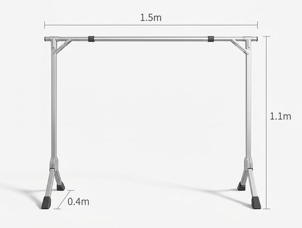 晾衣架折叠收纳示意图，展示紧凑体积和免安装设计，方便放入墙角或柜缝。