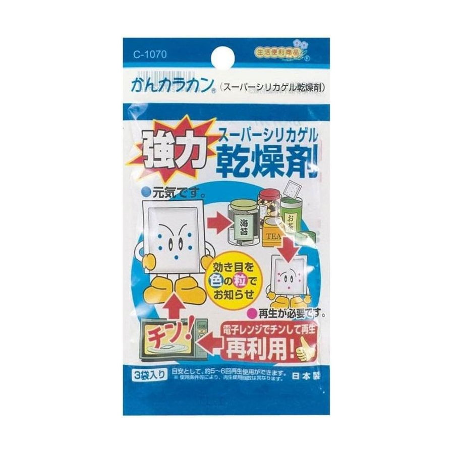 食品级硅胶干燥剂外包装，正面印有强力干燥剂日文字样，展示了用于海苔、茶叶罐的示意图以及微波炉加热再利用的说明，左下角标注3袋入及日本制。