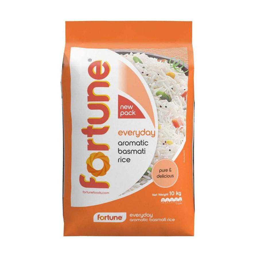 Fortune 每日巴斯马蒂香米 10kg 橙色包装袋正面图，包装上印有品牌名称 Fortune 及煮熟后的长粒米配菜示意图。