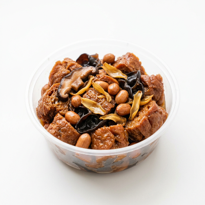 一碗色泽红亮的四喜烤麸，包含烤麸、香菇、木耳和花生，盛放在白色小碗中。