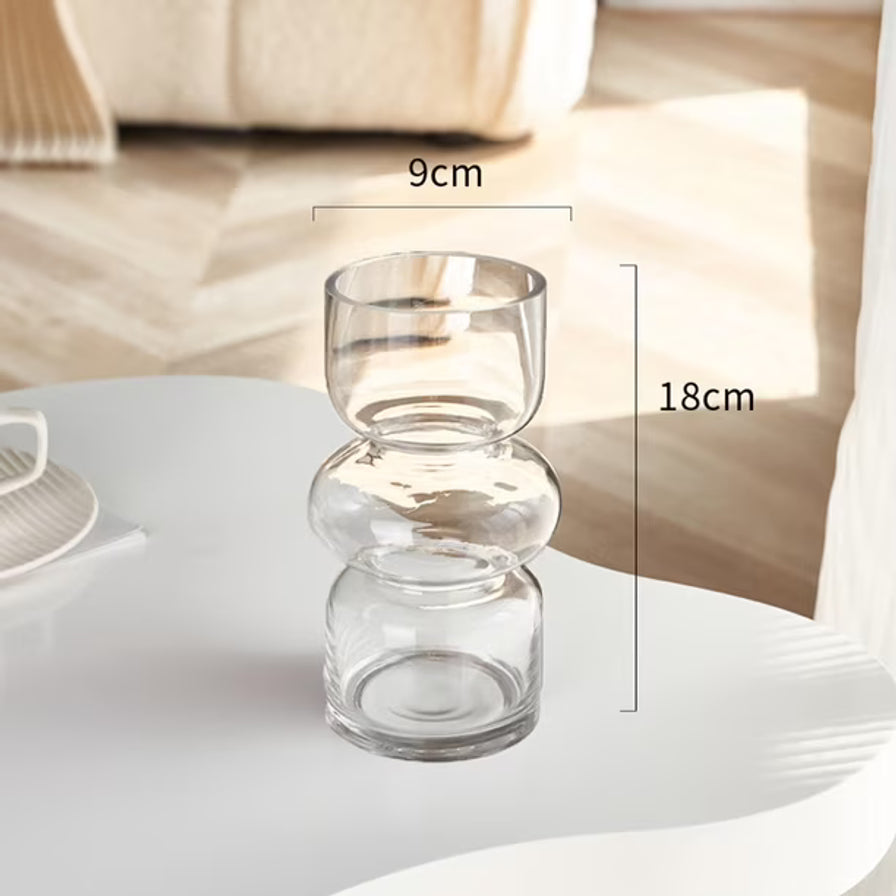 法式中古风透明玻璃花瓶的尺寸标注图，显示高度为18cm，口径为9cm。