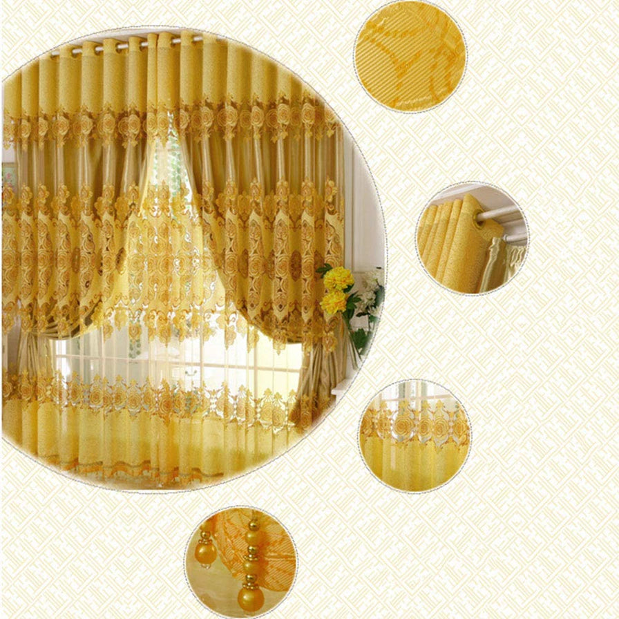 法式黄色窗帘的细节展示，包括蕾丝花边、刺绣纹理、打孔环以及底部垂坠的珠饰细节。