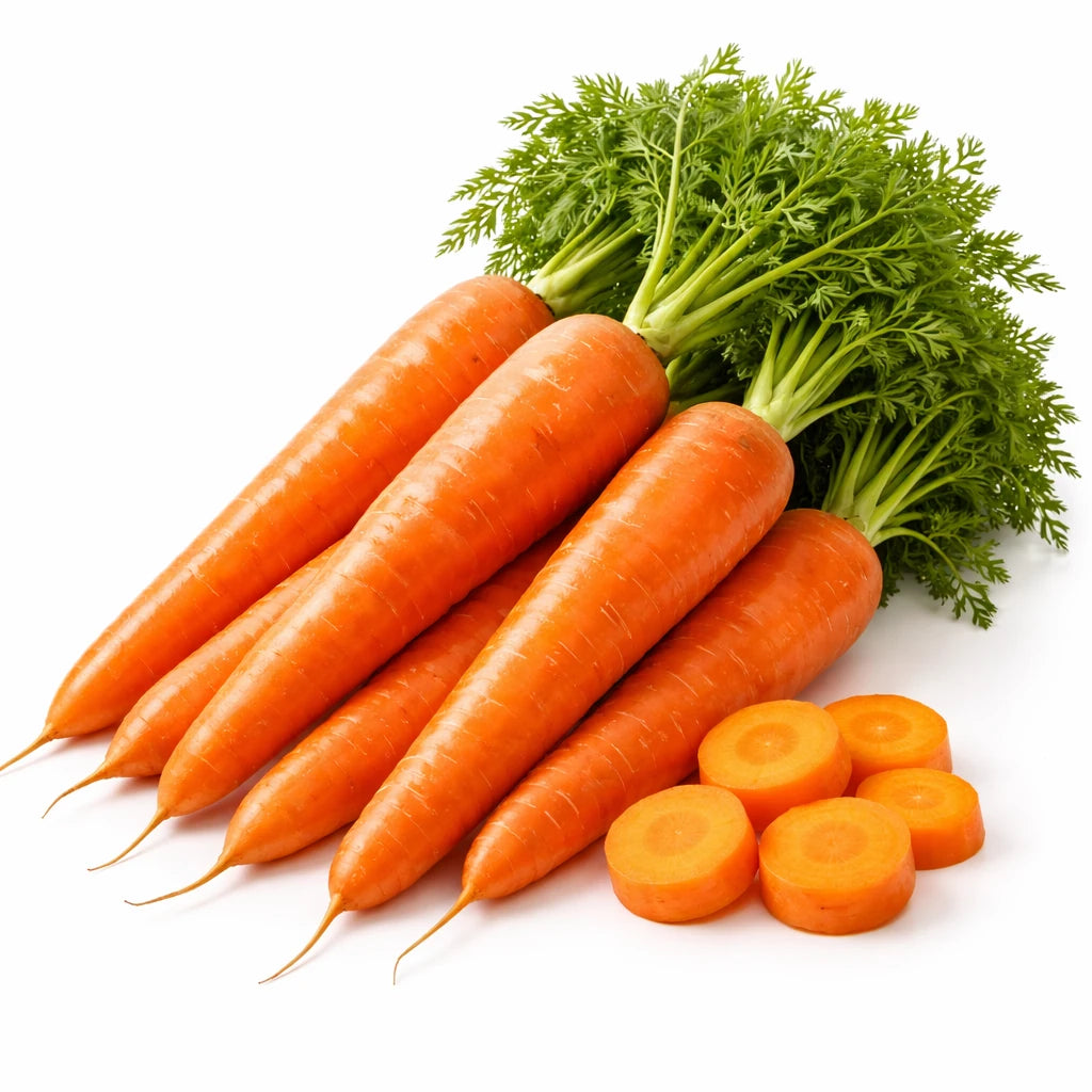 三根新鲜胡萝卜并排摆放，外皮光滑色泽红润，展示小分量包装的爽脆质感。