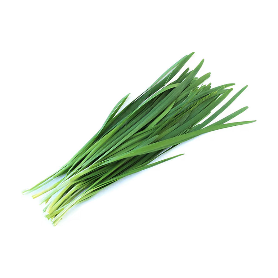 一把新鲜翠绿的韭菜，整齐摆放在白色背景上，展示其鲜嫩的叶片和根部。