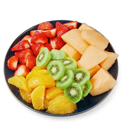 切好的新鲜水果拼盘，包含西瓜和哈密瓜块，开盖即食