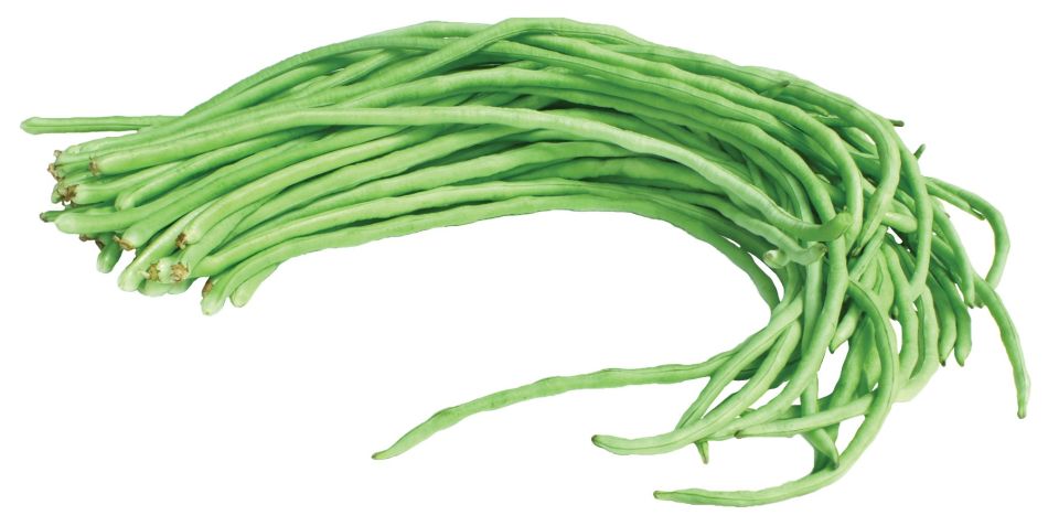 一堆新鲜翠绿的长豆角平铺展示，豆荚饱满无丝