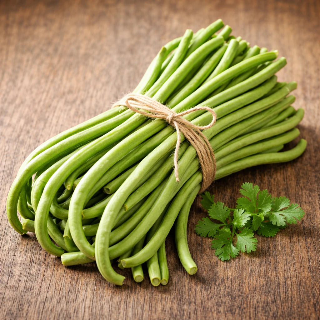 方形构图下的鲜嫩长豆角特写，色泽翠绿适合热炒或凉拌