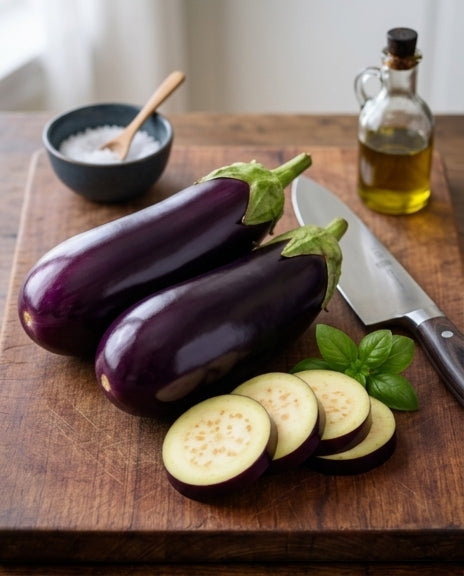 竖构图展示特级长茄子细节，肉质细嫩少籽，是留学生小厨房的必备下饭菜。