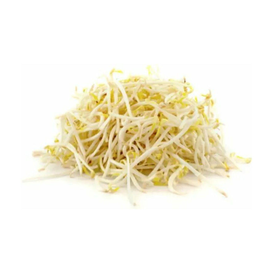 一堆新鲜洁白的绿豆芽菜，根茎饱满，尖端带有嫩黄色，背景为纯白色。
