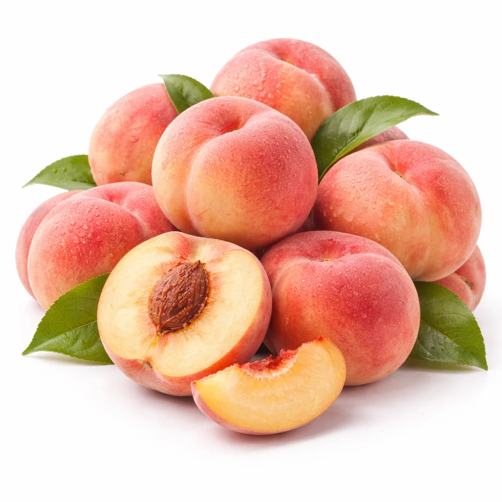 澳洲农场新鲜水蜜桃特写，果皮白里透红，表面带有自然绒毛