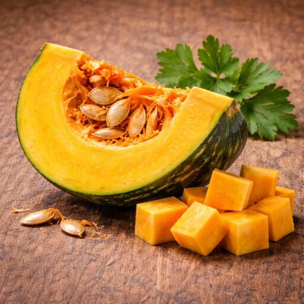 切好的四分之一新鲜南瓜块，肉质金黄粉糯，适合煮粥炖汤的小份量食材