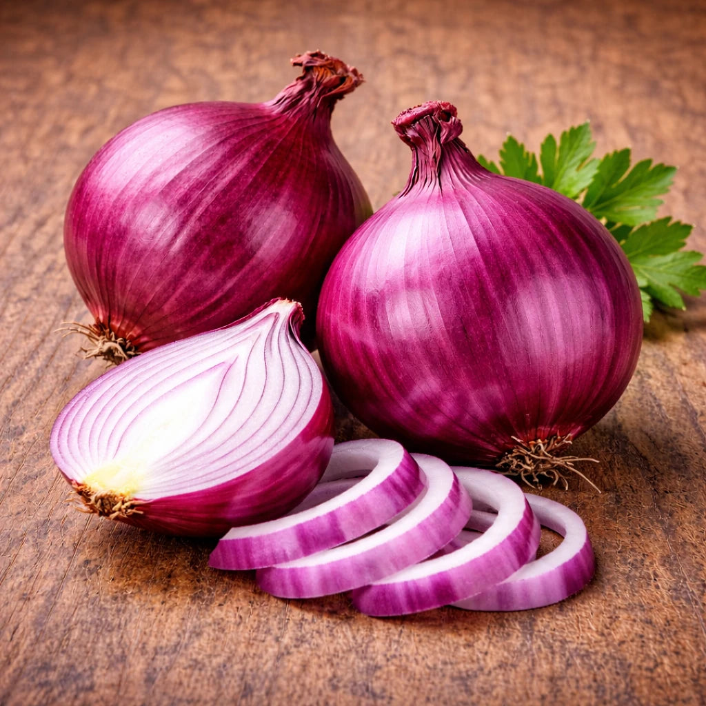 紫洋葱切面展示，分层清晰果肉紧实，呈现爽脆多汁的质感。
