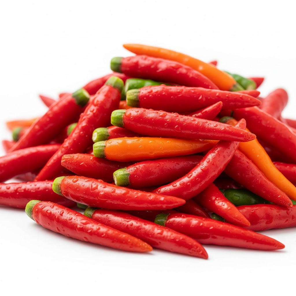 新鲜泰国鸟眼椒特写，红色小辣椒堆叠展示