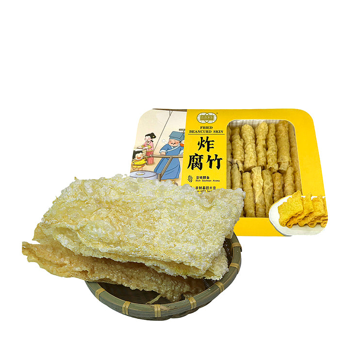 纤诚佰味炸腐竹标准装正面包装图，金黄酥脆的条状豆制品，适合火锅烫煮或面食伴侣。