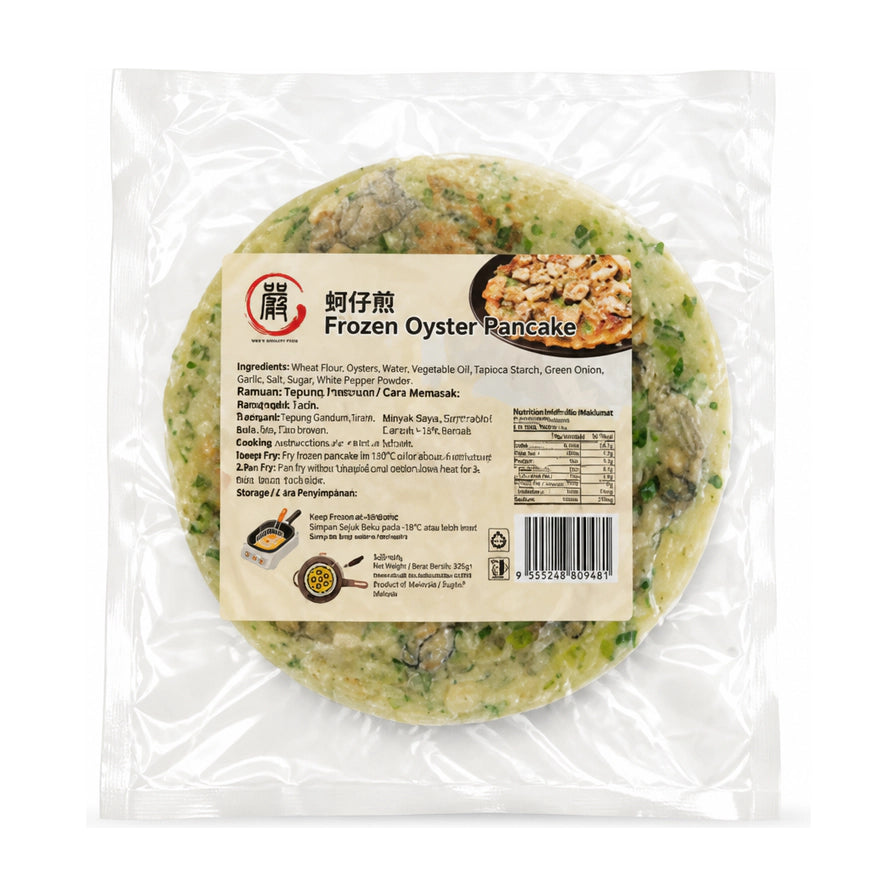 真材实料蚵仔煎325g透明袋装，白色背景，可见内部圆饼状的冷冻蚵仔煎，包装贴纸上有品牌Logo、产品名称、配料表及烹饪示意图。