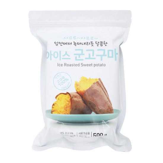 Cozy Nook 冰烤地瓜 500g 冷冻包装正面图，展示纯天然无添加的红薯零食