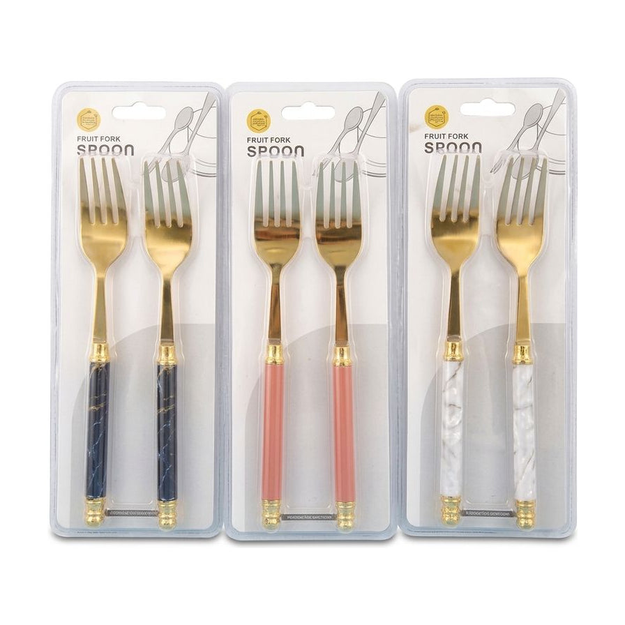 三组不同颜色手柄的双齿水果叉包装展示，包含深蓝色大理石纹、粉色和白色大理石纹手柄，金色叉头设计。