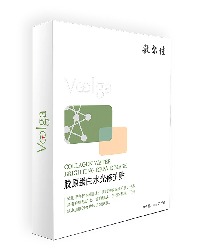 敷尔佳绿膜单片独立包装正面图，展示重组胶原蛋白水光修护贴外观