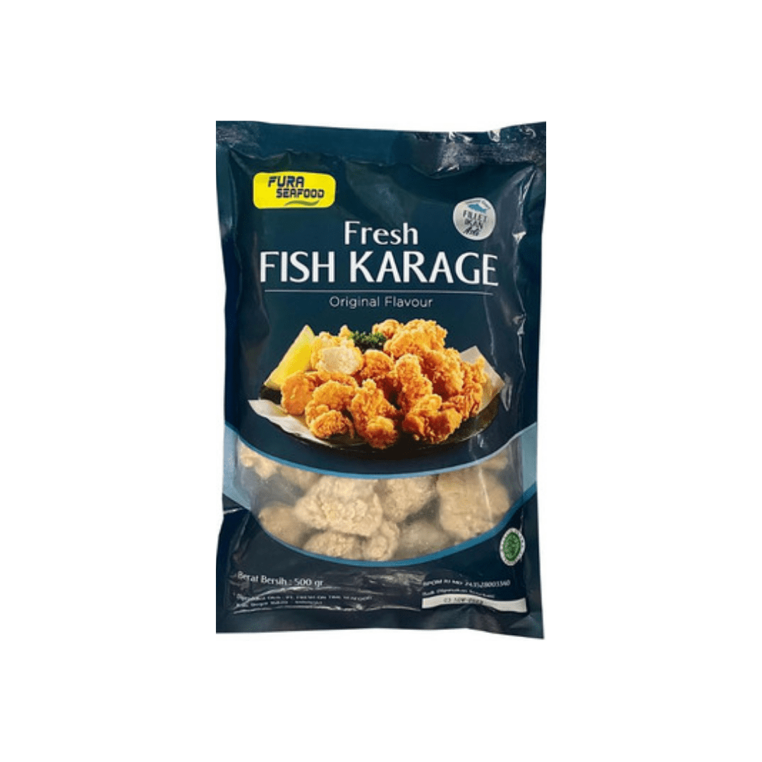 Fura Seafood 炸鱼块产品宣传图，展示金黄酥脆的炸鱼块成品与品牌包装