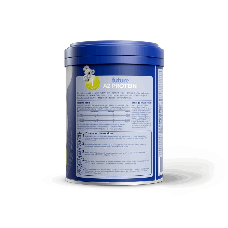 Future A2 Protein 1段婴儿配方奶粉罐身背面，详细列有喂哺表、配方说明及冲调指南。