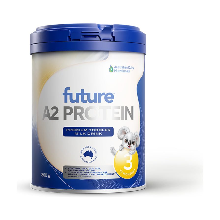 Future A2 Protein 3段幼儿配方奶粉 800g 罐装正视图，蓝色罐盖，包装印有考拉图案和数字3。