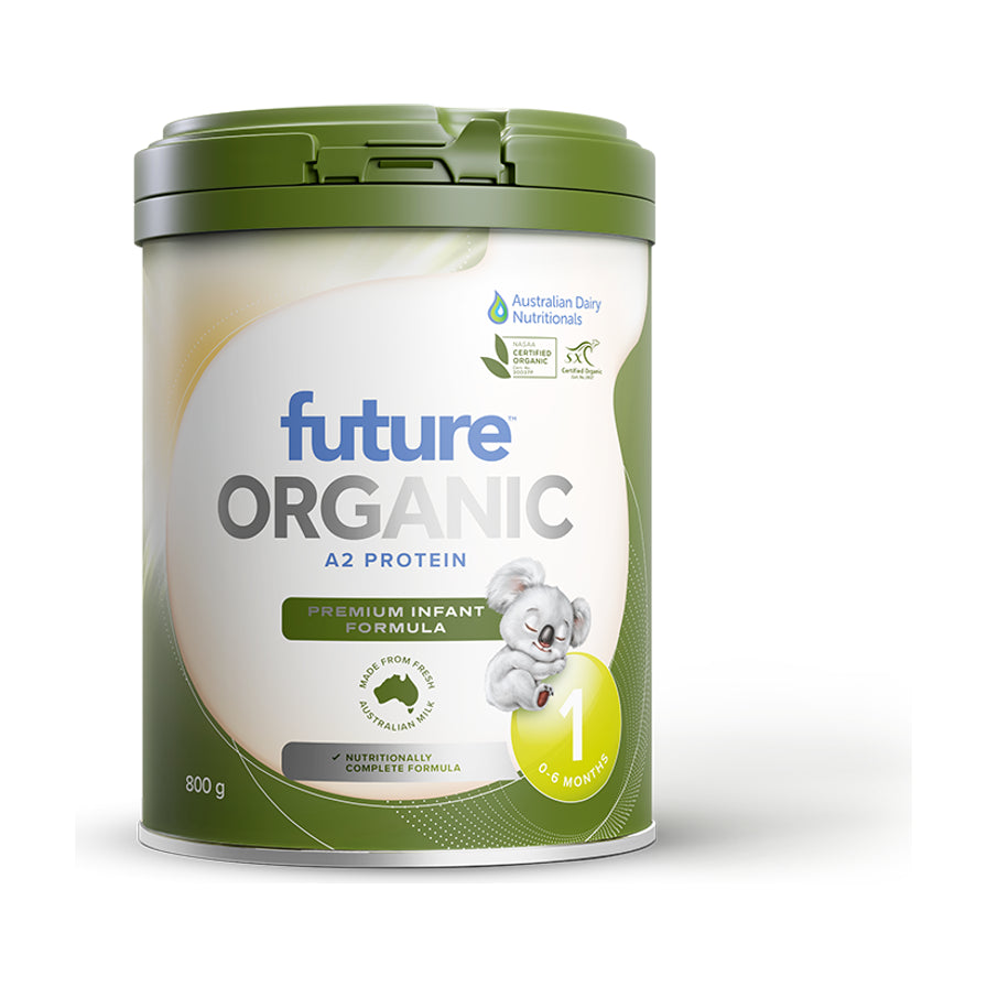 Future Organic A2 有机 1段婴儿配方奶粉 800g 罐装正面图，带有考拉图案和 1 段标识。
