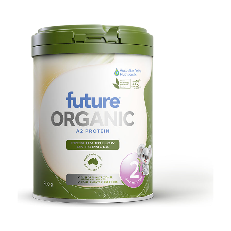 Future Organic A2 有机 2段婴儿配方奶粉 800g 罐装正面图，带有考拉图案和 2 段标识。