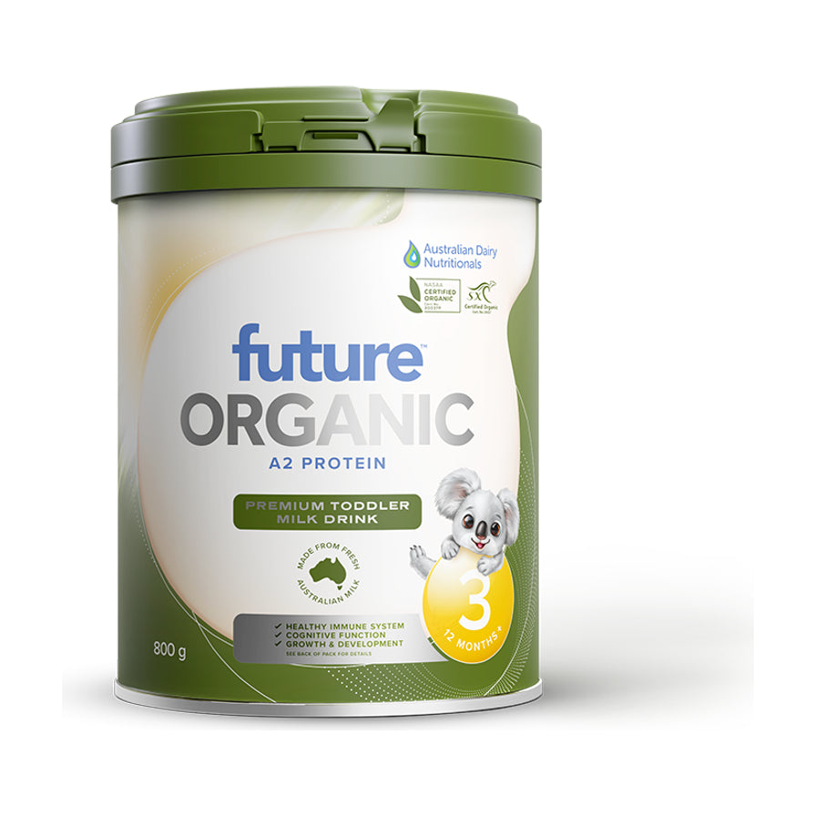 Future Organic A2 有机 3段幼儿配方奶粉 800g 罐装正面图，带有考拉图案和数字3标识。