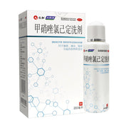 妇炎洁甲硝唑氯己定洗剂200ml，包含外包装纸盒与白色瓶装洗液，包装印有分子结构图案。