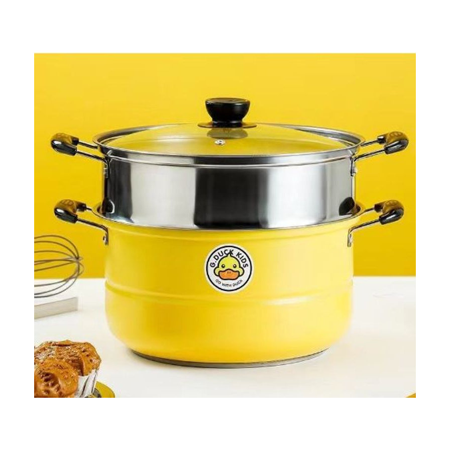 小黄鸭26cm双层复底蒸锅，黄色锅身配不锈钢蒸格和透明锅盖，锅身印有小黄鸭标志。