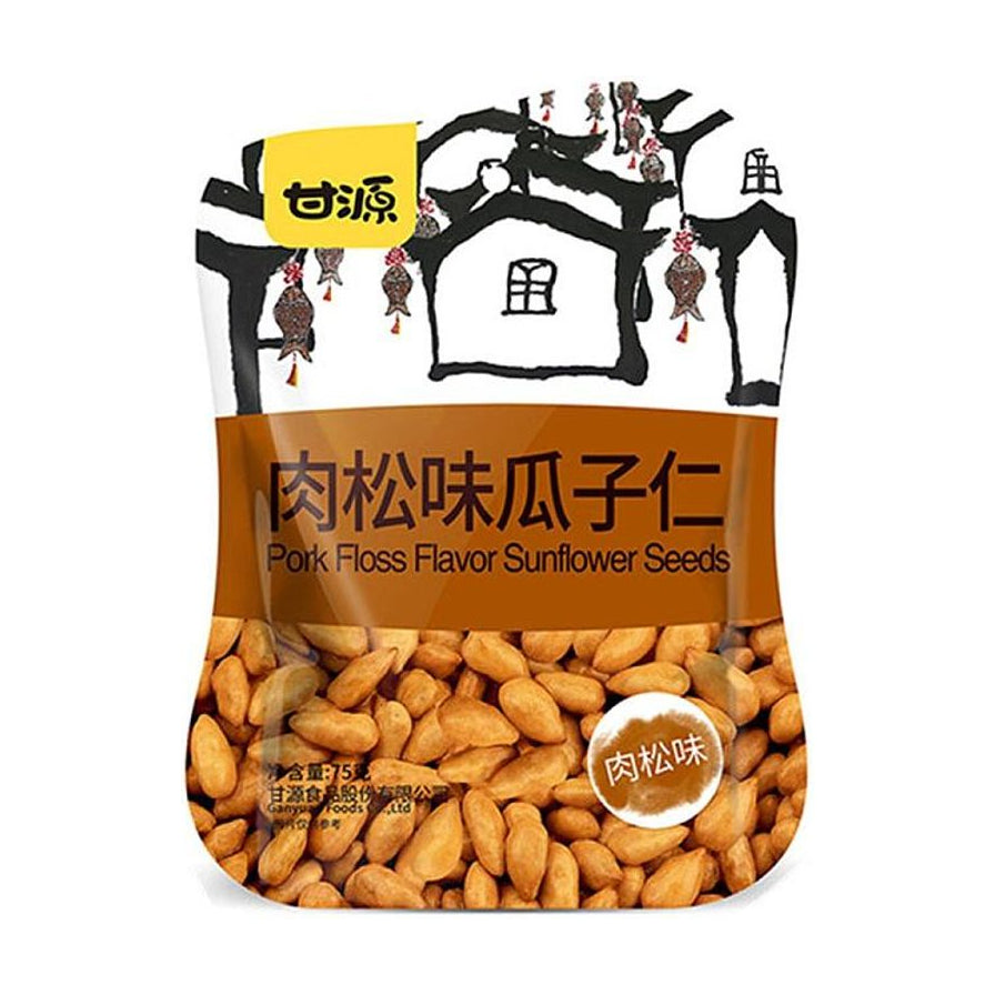 甘源肉松味瓜子仁75克袋装正面图，包装上有甘源品牌标识和肉松味瓜子仁中英文名称。