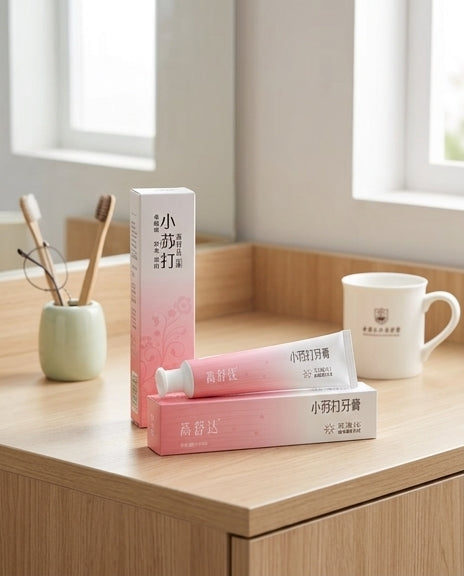 高舒达小苏打牙膏置于木质洗漱台的生活场景图，搭配牙刷杯与马克杯。