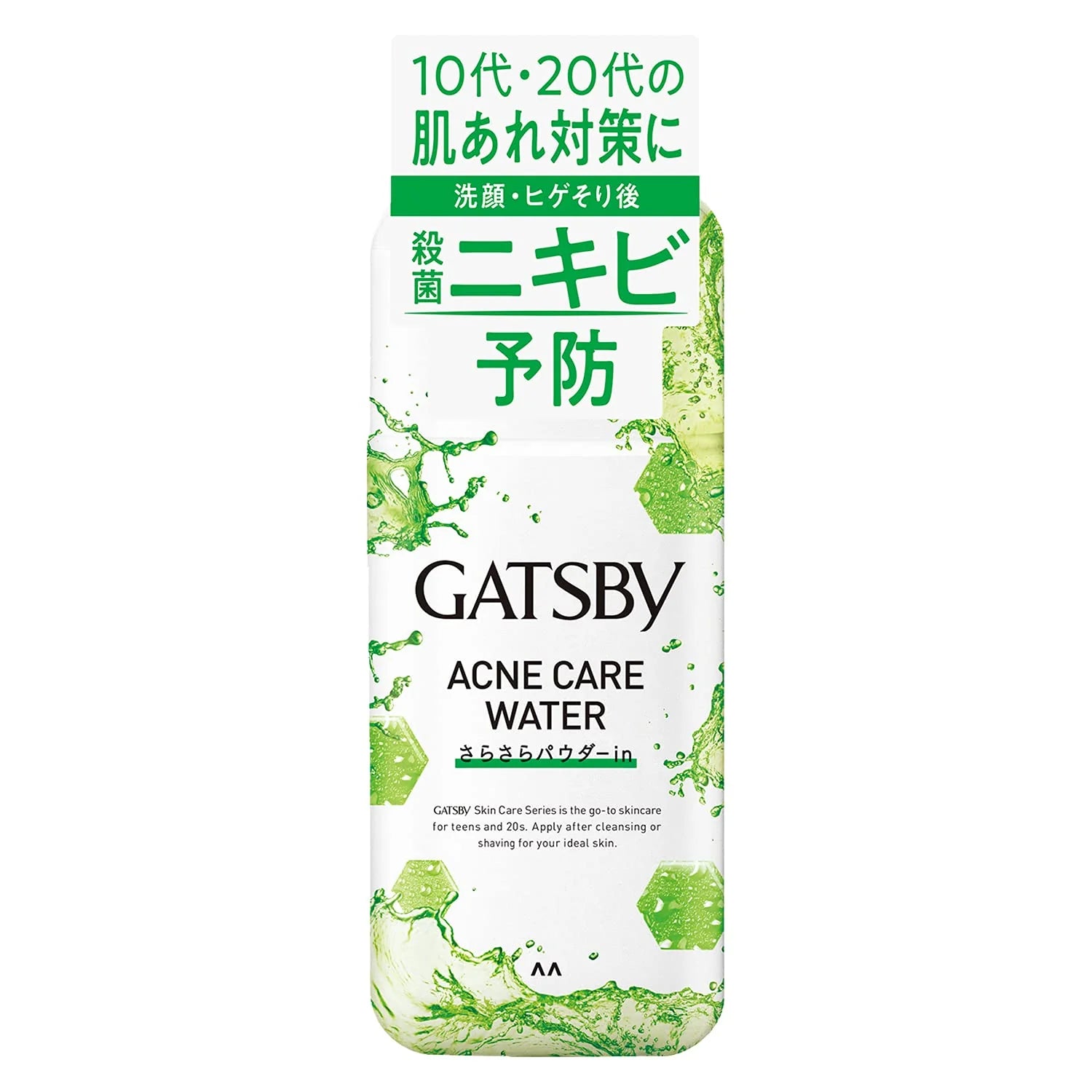 Gatsby 抗痘爽肤水正面瓶身，白色包装展示品牌与产品名