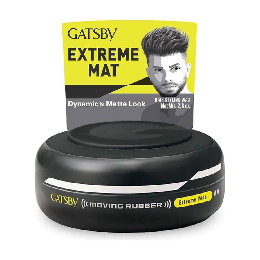杰士派 GATSBY 黑色发蜡产品图，包装上印有 Extreme Mat Dynamic & Matte Look 字样。
