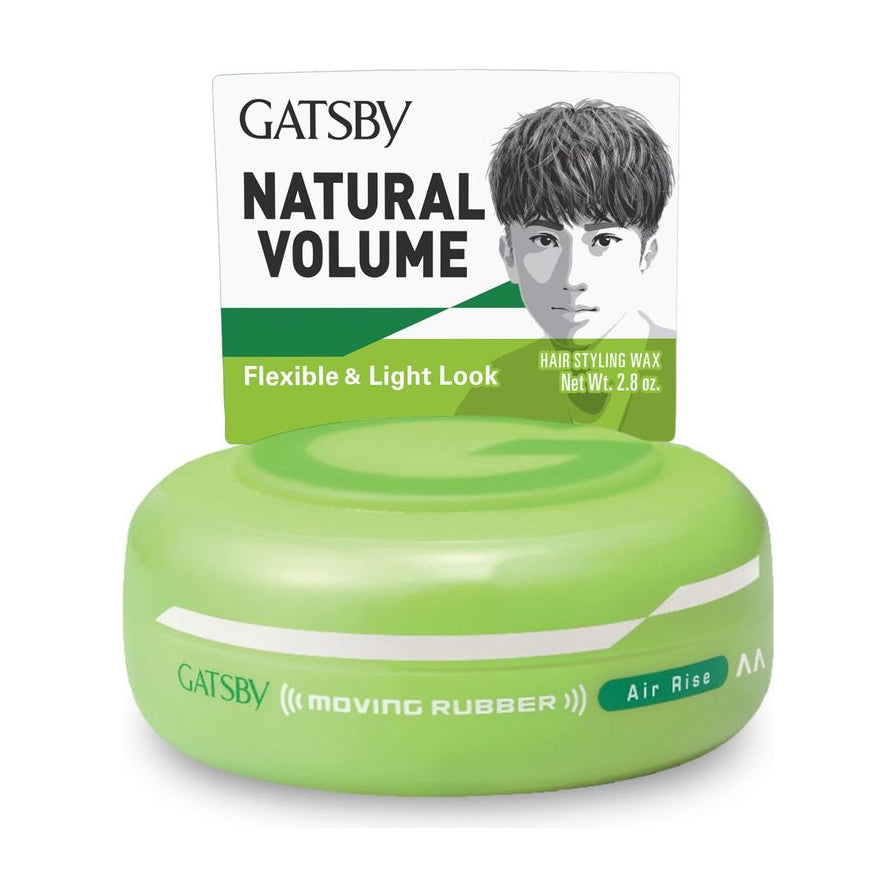 杰士派 GATSBY 绿色发蜡产品图，包装上印有 Natural Volume Flexible & Light Look Air Rise 字样。