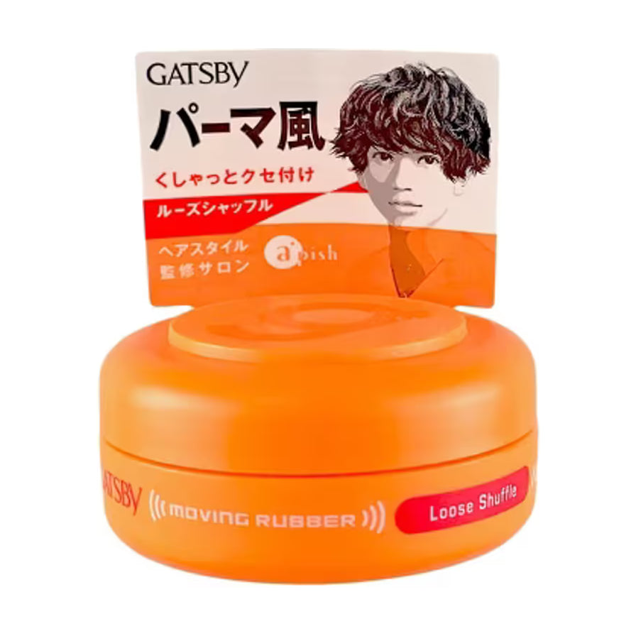 杰士派 GATSBY 橙色发蜡产品图，包装上有日文烫发风字样及 Loose Shuffle 标识。
